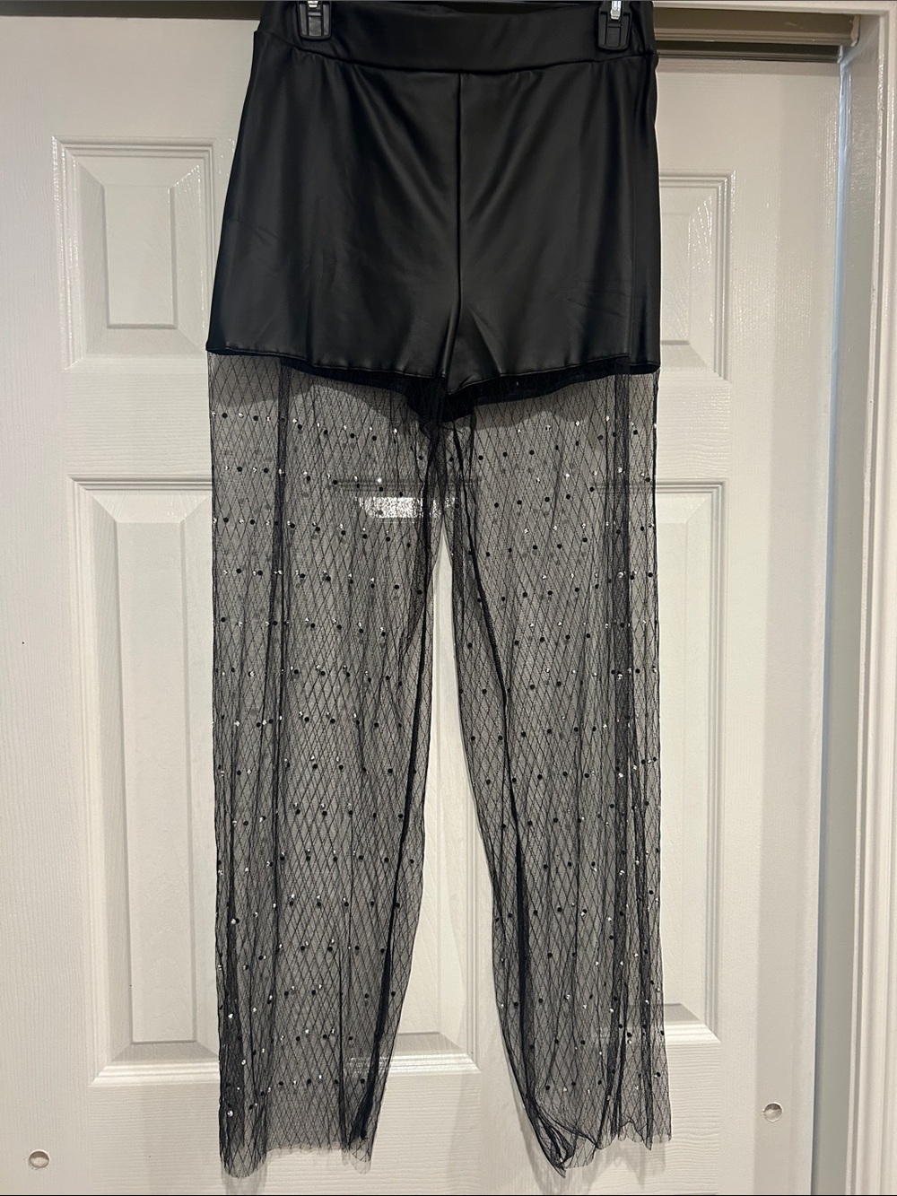 Sheer Mesh Overlay Black Wide-Leg Pants